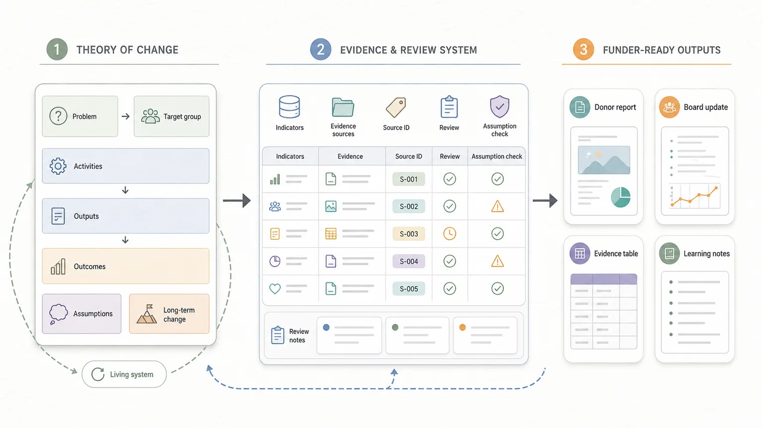 Theory of Change connected to evidence tracking, indicators, learning, and funder-ready reporting