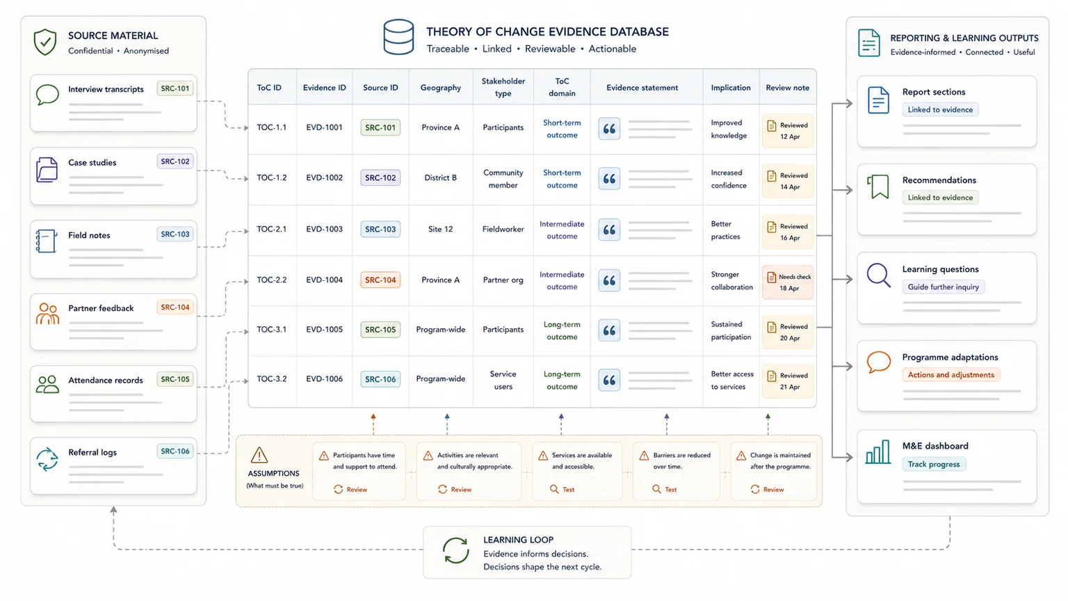 Theory of Change evidence database with activities, outcomes, assumptions, indicators, evidence sources, and reporting status