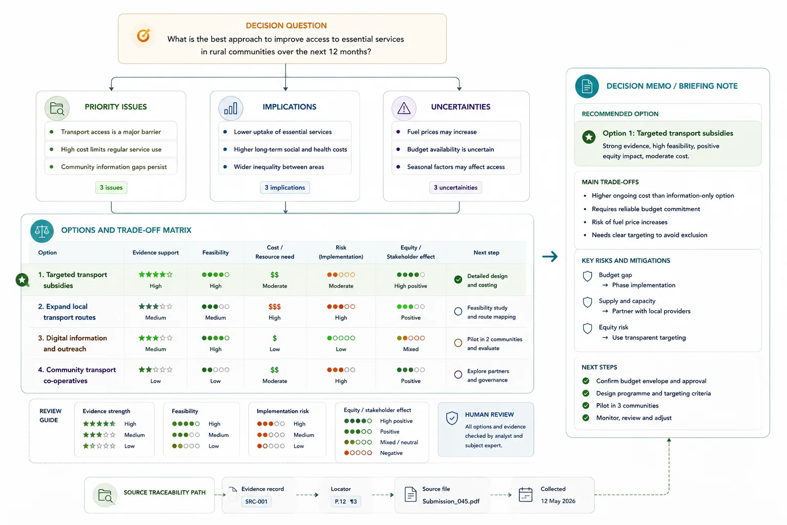 Decision framing and trade-off matrix weighing evidence against options, risks, implications, and next steps