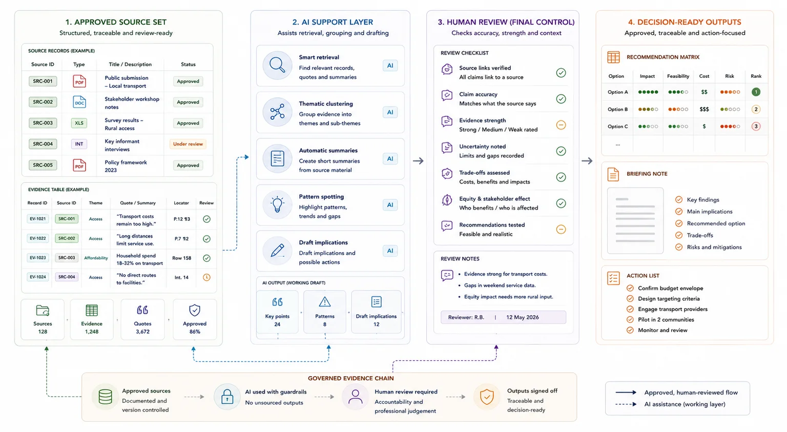 Governed AI workflow supporting retrieval and drafting while human review checks interpretation, evidence strength, and recommendations
