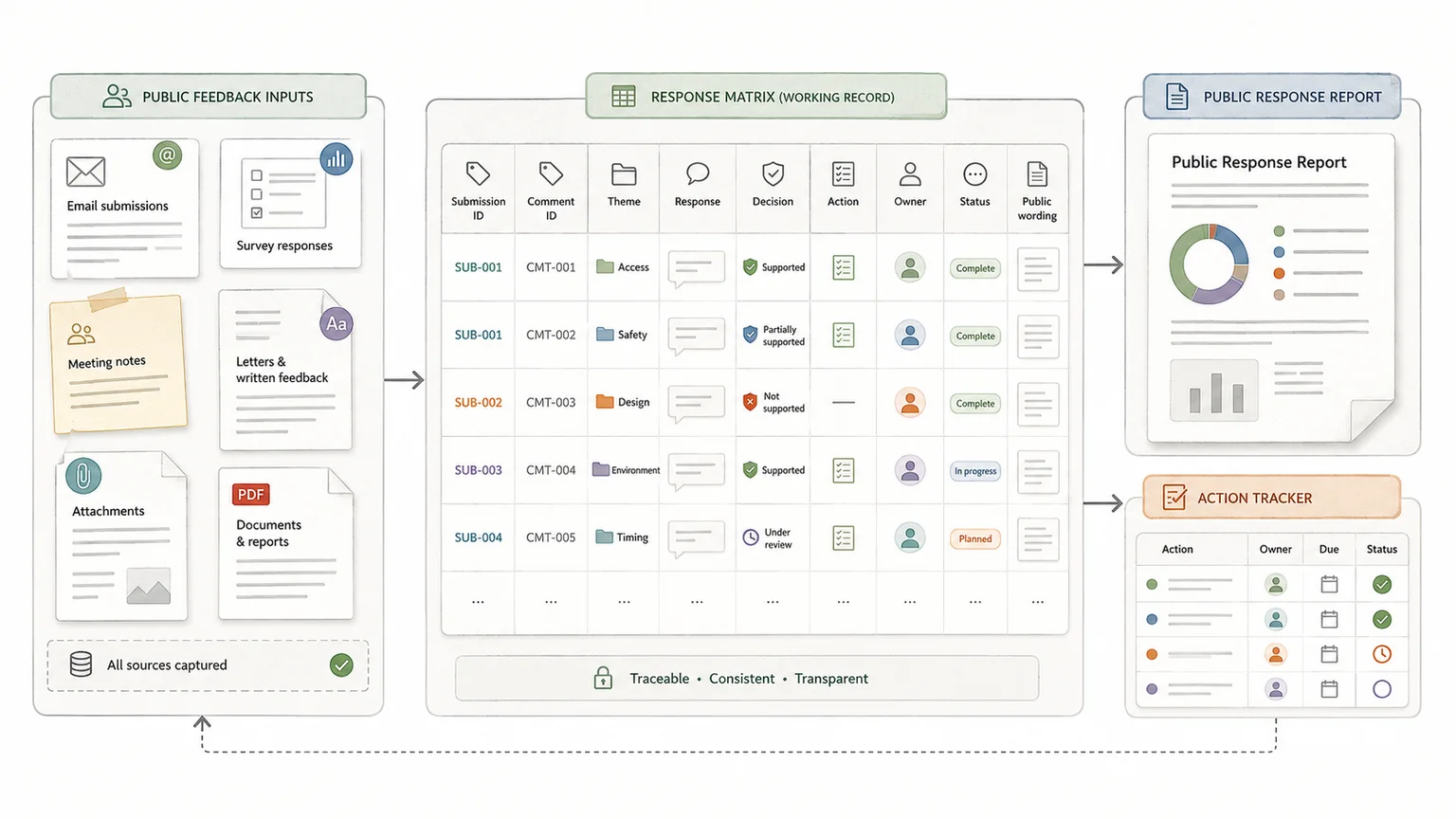 From public comments to a public consultation response matrix with actions, ownership, and reporting outputs