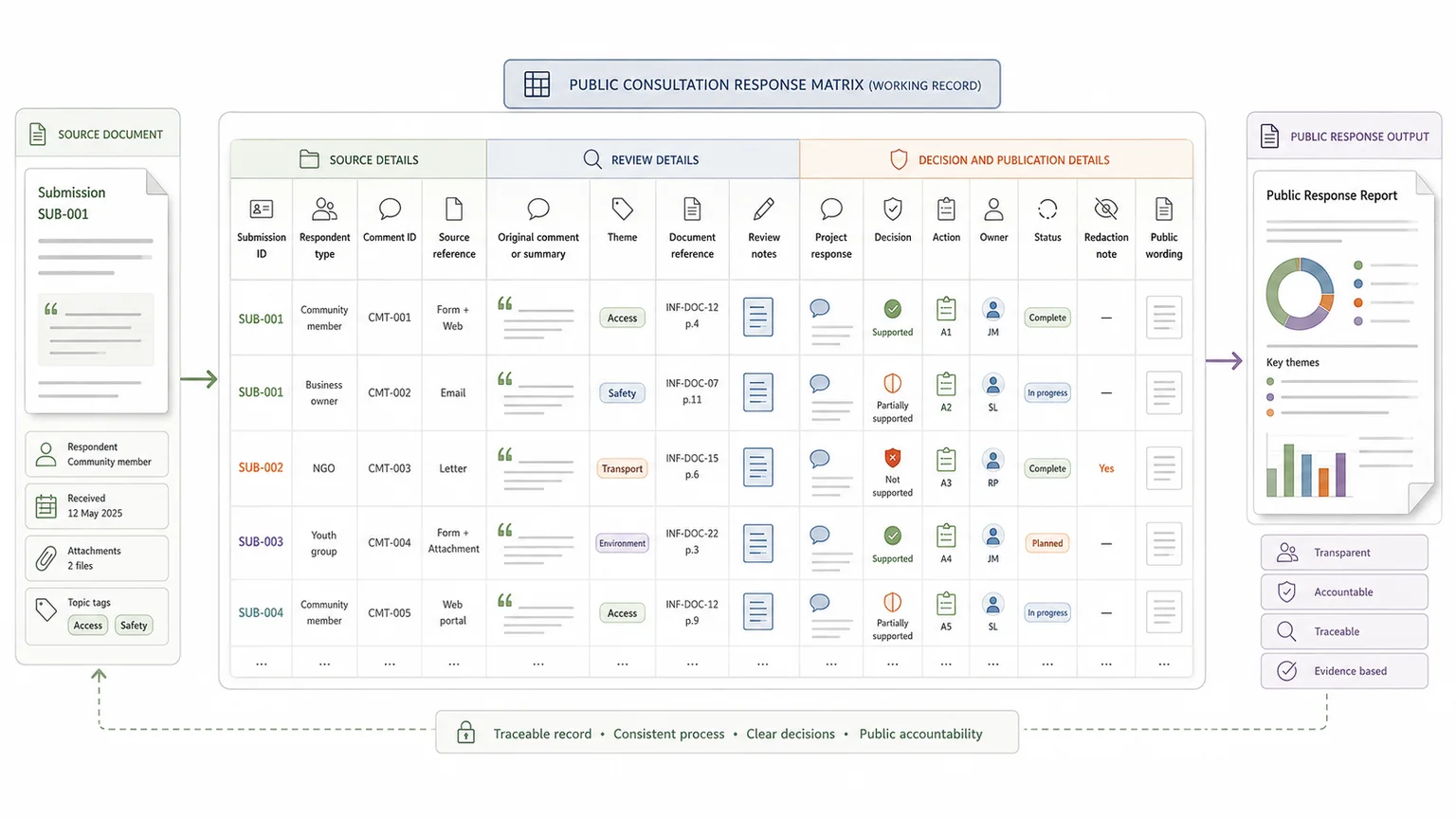 Anatomy of a public consultation response matrix with source details, review notes, decisions, owners, actions, status, and public response wording