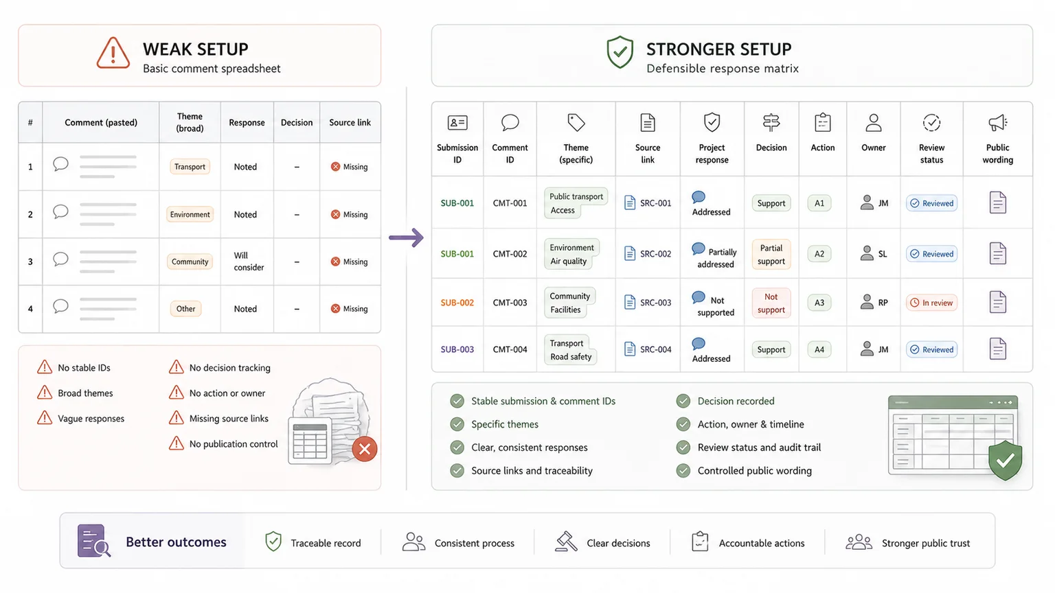 Comparison of a weak comment log and a stronger public consultation response matrix with source checks and action tracking