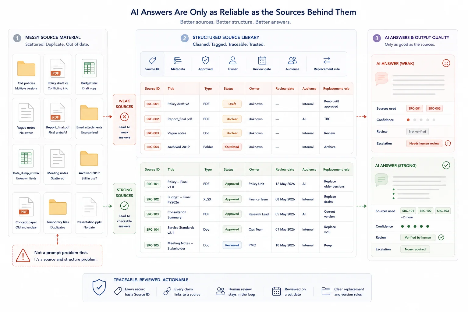 Messy source material creating weak AI answers through outdated files, duplicates, missing metadata, and weak review rules