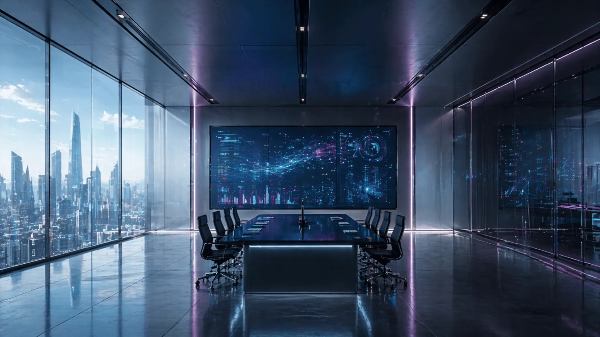 Boardroom with research intelligence display and refined data signals