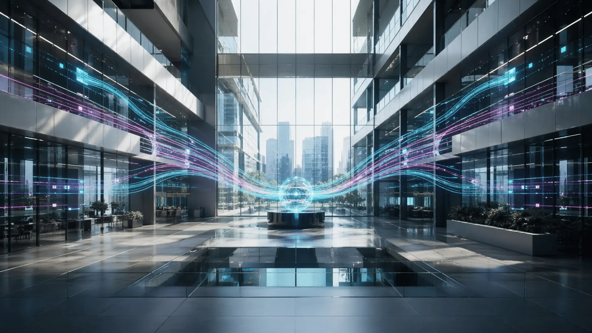 Symmetrical corporate atrium with automated workflow signals